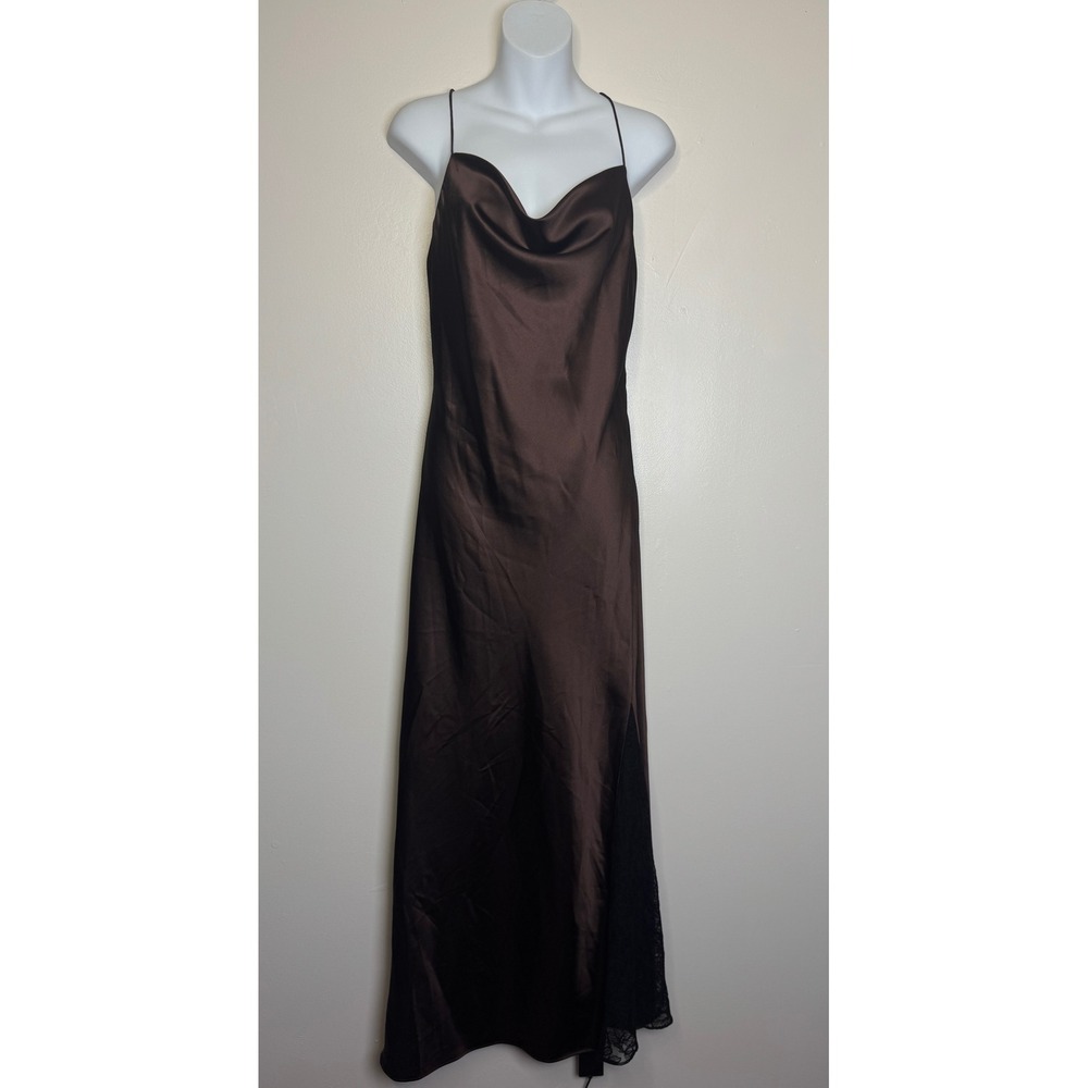 Line and Dot Brown Satin Cowl Neck Lace Slit Maxi Dress Small Open Back - Picture 4 of 12